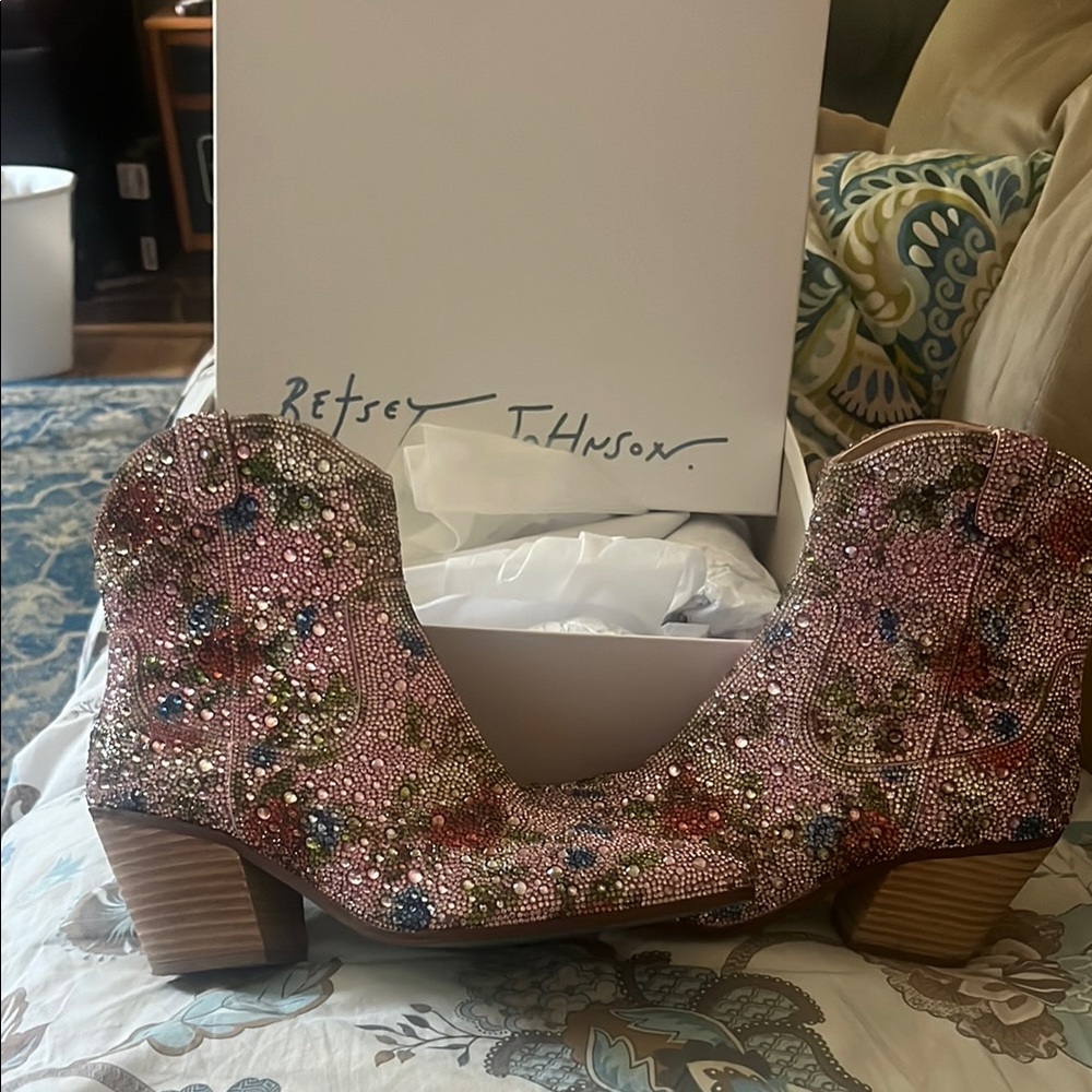 Betsey Johnson Pink Heeled Boots with Floral Design